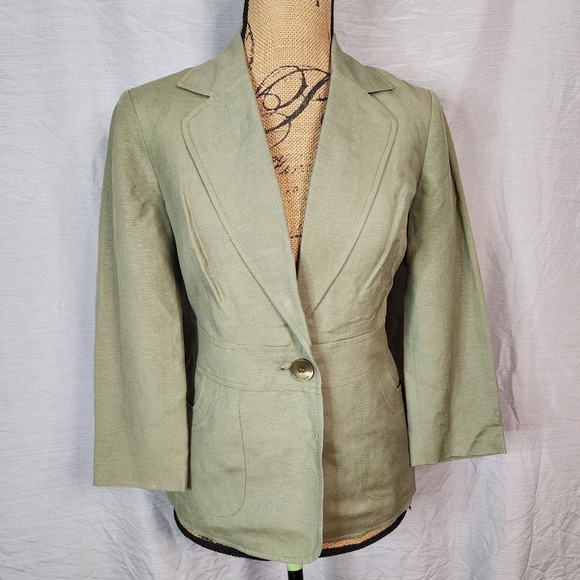 KASPER Size 8P Green Linen Blend One Button Blazer Jacket Office Professional - Picture 2 of 14